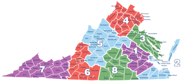 mapa ng 8 mga rehiyon ng Virginia